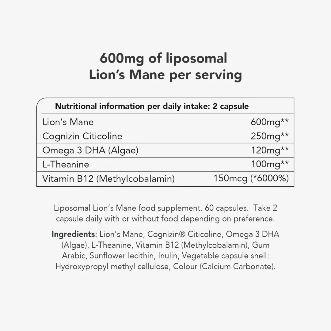 Liposomal Lions Mane Mushroom 600mg Capsules - 30 Day Supply - Image 3